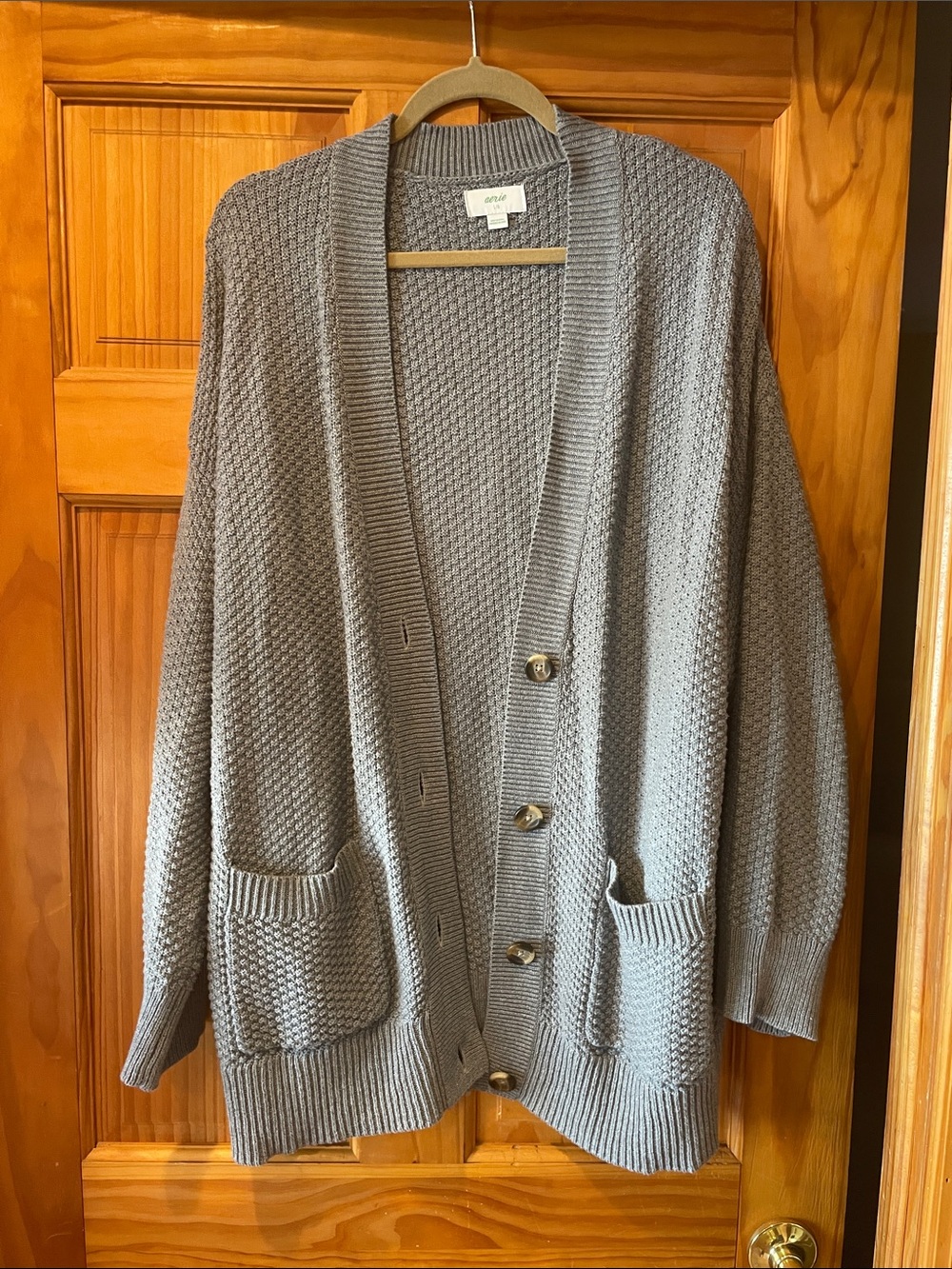 Aerie  Light Gray Textured Knit Button-Front Cardigan